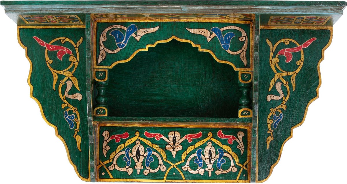 Vintage houten wandrek – kleurrijke handgeschilderde muurdecoratie – originele Marokkaanse groene wandplank - 46 x 28 x 10