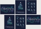 Kerstkaarten set van 6 kaarten en 12 cadeau labels  - wenskaarten - blauw - kerst