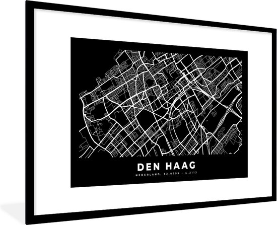 Fotolijst incl. Poster - Kaart - Den Haag - Zwart - 120x80 cm - Posterlijst