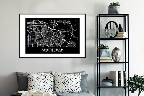 Cadre photo avec affiche - Amsterdam - Carte - Zwart - 120x80 cm - Cadre pour affiche