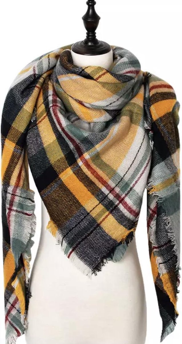 Emilie Scarves - sjaal - winter driehoeksjaal - geruit - okergeel - petrol