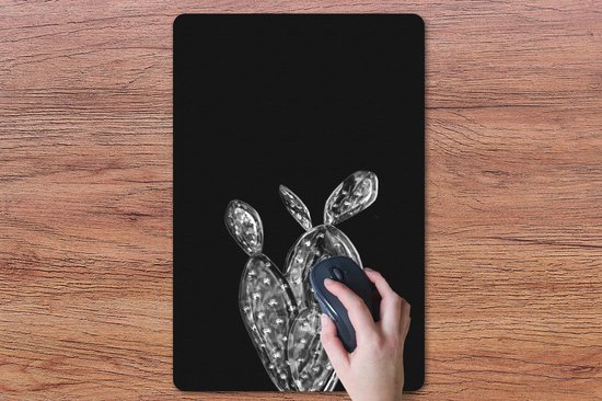 Bureau onderlegger 40x60 cm - Muismat Bladeren van een cactus op een zwarte achtergrond - zwart wit - Bureaulegger xl - Desk mat beschermer - Computer muismatten