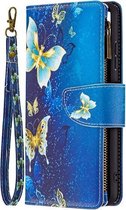 Telefoonhoesje geschikt voor Samsung Galaxy A22 5G - Portemonnee met rits - book-case hoesje - ruimte voor 9 pasjes - goud blauw vlinders