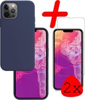 iPhone 13 Pro Hoesje Siliconen Met 2x Screenprotector Tempered Glass - iPhone 13 Pro Screen Protector 2x Beschermglas Full Screen Hoes Back Case - Donker Blauw