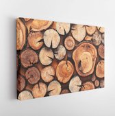 Canvas schilderij - Wooden natural sawn logs as background, top view, flat lay  -     687345520 - 80*60 Horizontal