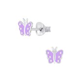 Joy|S - Zilveren vlinder oorbellen - lila paars met witte stipjes