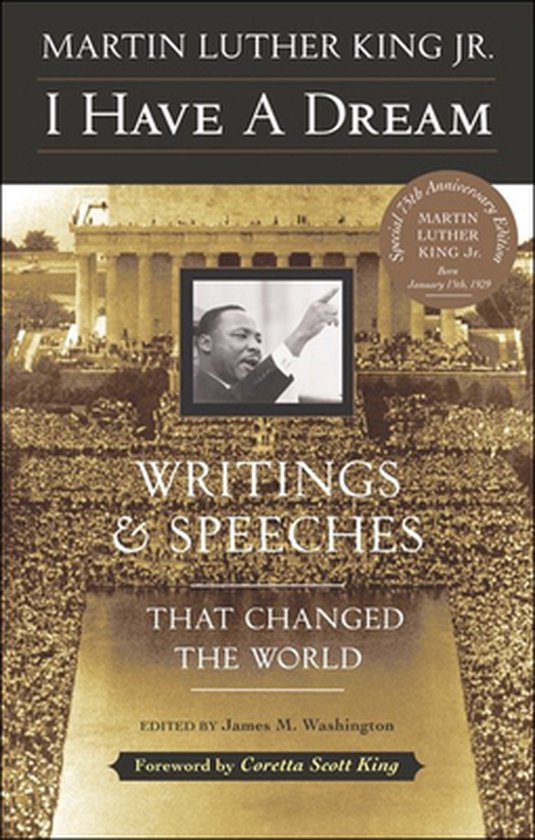 Boek "I Have a Dream" van Martin Luther King Jr., met zijn portret en een menigte.