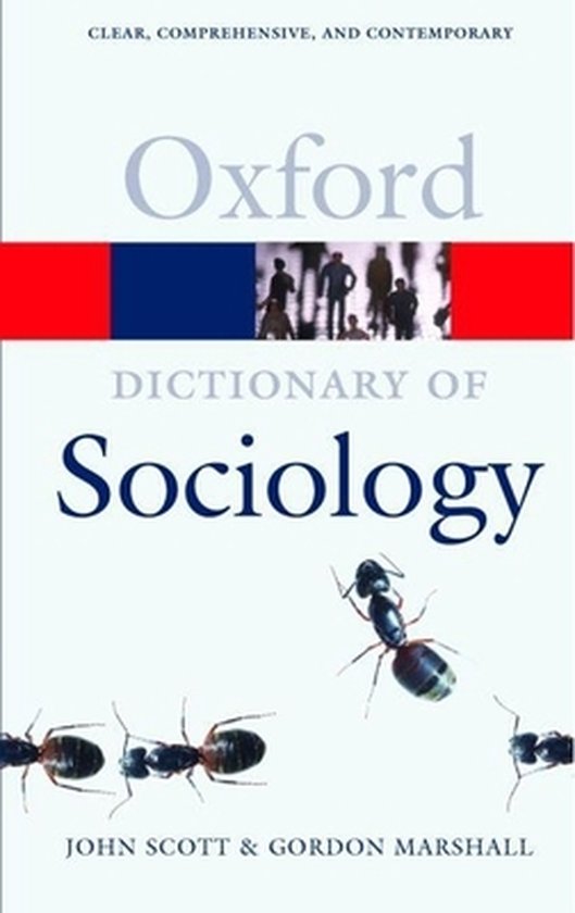 Boek: Oxford Dictionary of Sociology, met mieren op de voorgrond en silhouetten van mensen op de achtergrond.