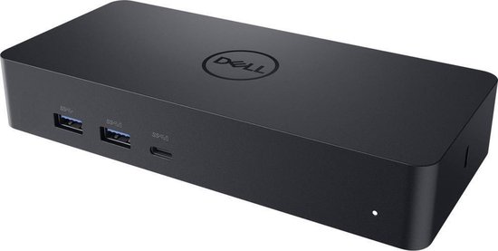 Zwarte Dell docking station met Dell logo en 3 USB-poorten aan de zijkant.