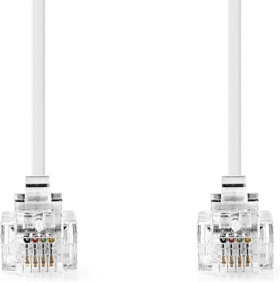 Telecomkabel - RJ11 Male - RJ11 Male - 2.00 m - Kabel design: Plat - Connectorplating: Goud Verguld - Kabeltype: RJ11 - Wit