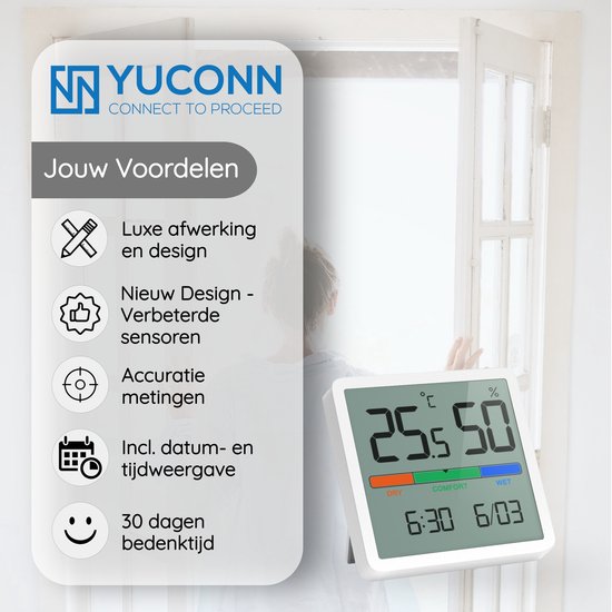 YUCONN Hygrometer - Luchtvochtigheidsmeter - Digitaal Weerstation - Binnen - YUCONN