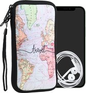 kwmobile hoesje voor smartphones XL - 6,7/6,8" - hoes van Neopreen - Travel Wereldkaart design - zwart / meerkleurig - binnenmaat 17,2 x 8,4 cm