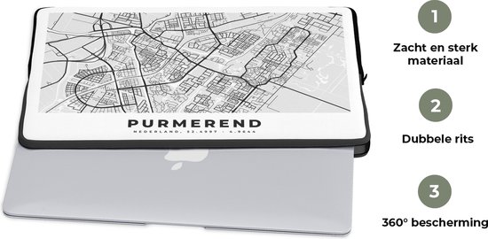 Laptophoes 14 inch - Stadskaart - Purmerend - Nederland - Laptop sleeve - Binnenmaat 33x23 cm - Zwarte achterkant