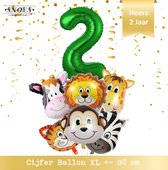 Jungle Decoratie Verjaardag Ballonnen - Hoera 2 jaar - Snoes- Nummer ballon 2 - Safari - Jungle Hoofden 6 stuks + Cijferballon Groen  & Gratis Rietje en Ballon Lint