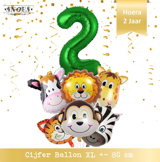 Jungle Decoratie Verjaardag Ballonnen - Hoera 2 jaar - Snoes- Nummer ballon 2 - Safari - Jungle Hoofden 6 stuks + Cijferballon Groen  & Gratis Rietje en Ballon Lint