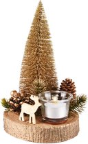 Tafelstukje rond met hert, theelichthouder en kerstboom - Goud / creme - 14 x 14 x 21 cm hoog