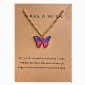 Doe een wens - Vlinder ketting - Roze, paars, goudkleurig - Cadeautip - Gelukshanger