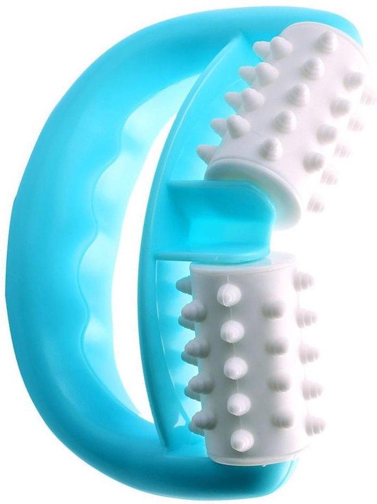 Blauwe handroller met witte, gedraaide massagerollers met nopjes.