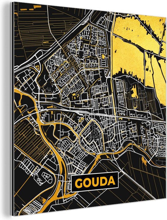 Décoration murale Métal - Peinture Aluminium Industrielle - Carte - Gouda - Or - Zwart - 20x20 cm - Dibond - Photo sur aluminium - Décoration murale industrielle - Pour le salon / chambre