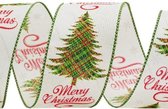 Kerst Lint met IJzerdraad | Luxe Weefband 63mm (6,3cm) | Kerstboom Ruit Merry Christmas | Roomwit Groen Rood Glitter | Cadeaulint | Lengte: 3 Meter