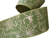 Kerst Lint met IJzerdraad | Jute Burlap Look Lint | Luxe Weefband 63mm (6,3cm) | Merry Christmas Joy Peace Kerstlint | Olijfgroen Goud Glitter | Cadeaulint | Lengte: 3 Meter