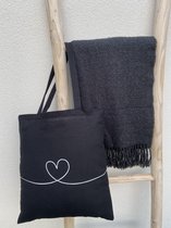 Katoenen tas zwart | Tassen dames | Shopper | Laptop tas | Abstracte lijn | Hart | Heart