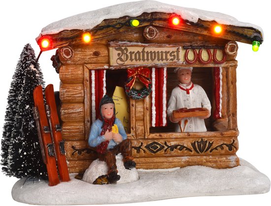 LuVille Kerstdorp Miniatuur Braadworst Marktkraam - L14 x B11 x H10 cm
