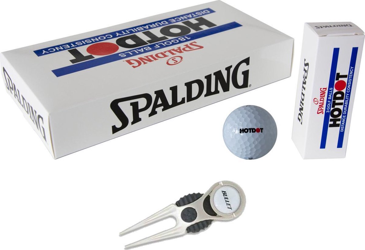 Spalding golfballen – 18 stuks – Hot Dot – wit – inclusief pitchfork – golf accessoires – witte golfballen - Cadeau