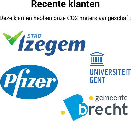Logo's van recente klanten: Stad Izegem, Pfizer, Universiteit Gent en Gemeente Brecht.