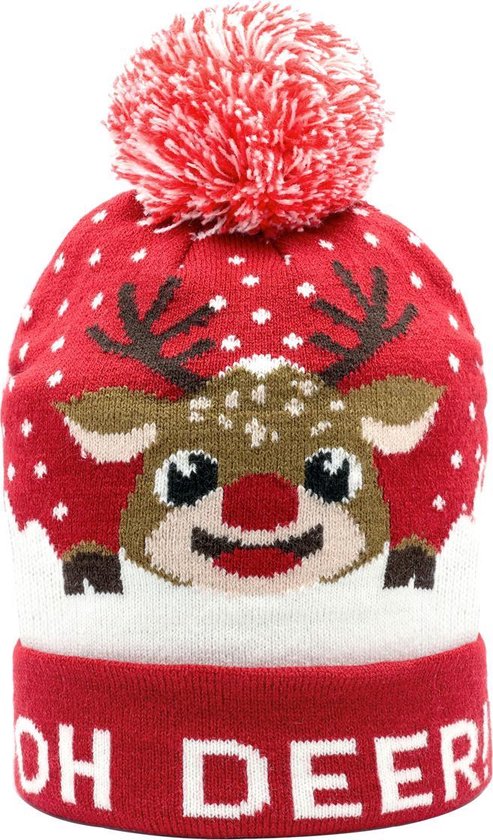 JAP Kerstmuts - Kerst Beanie voor Volwassenen en kinderen - Rudolf - Oh deer - Rood - Maat volwassenen unisex: One size - Maatadvies: Valt normaal