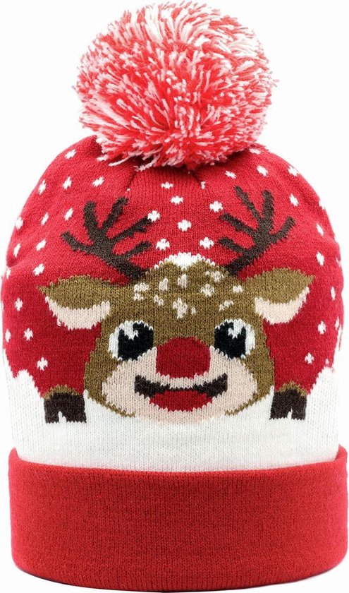 JAP Kerstmuts - Kerst Beanie voor Volwassenen en kinderen - Rudolf - Oh deer - Rood - Maat volwassenen unisex: One size - Maatadvies: Valt normaal