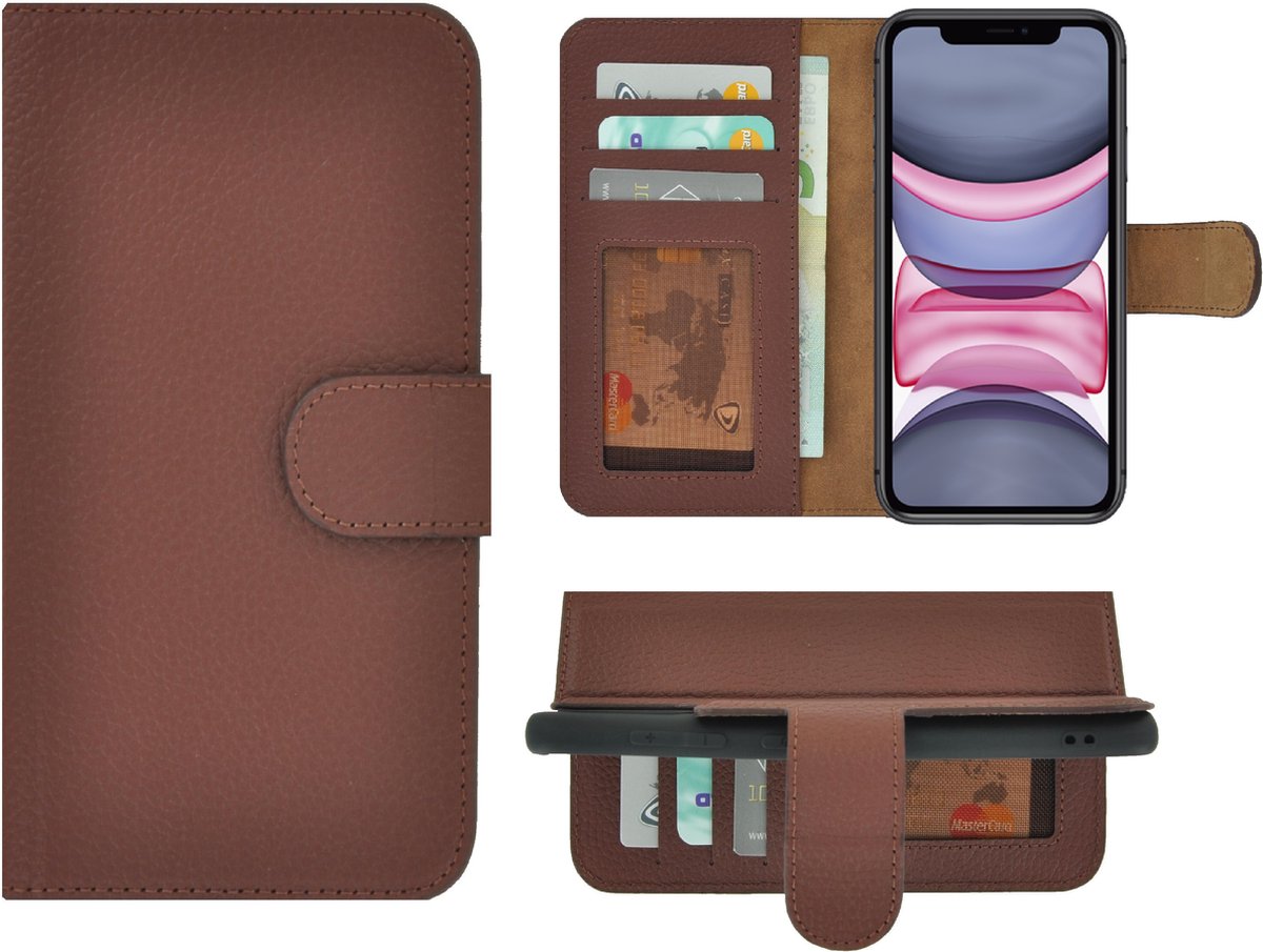 Geschikt voor iPhone 11 Hoesje - Bookcase - Portemonnee Hoes Echt leer Wallet case Bruin