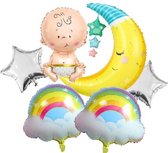 Grote Folie Ballonnen Set Oh Baby! - 6 baby folieballonnen met lint en rietje - XL Newborn Geboorte Baby versiering - Thema Feestpakket Baby Regenboog Baby - Helium ballon - Kraam