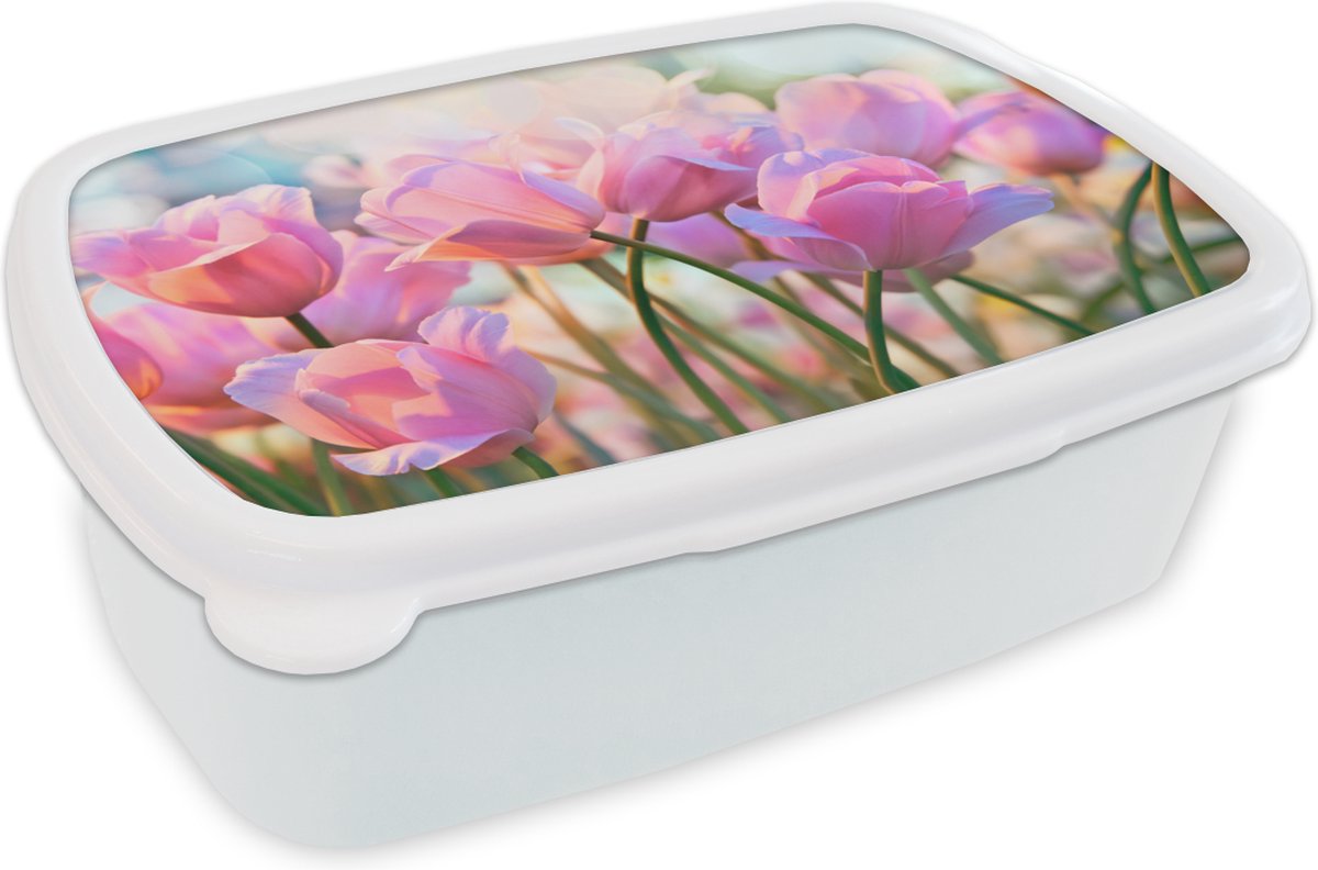 Broodtrommel Wit - Lunchbox - Brooddoos - Tulpen - Roze - Lente - 18x12x6 cm - Volwassenen
