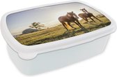Broodtrommel Wit - Lunchbox Paarden - Zon - Gras - Brooddoos 18x12x6 cm - Brood lunch box - Broodtrommels voor kinderen en volwassenen
