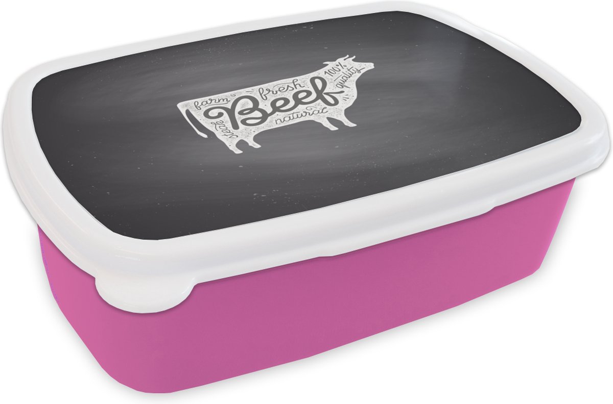 Broodtrommel Roze - Lunchbox - Brooddoos - Koe - Biefstuk - Wit - 18x12x6 cm - Kinderen - Meisje