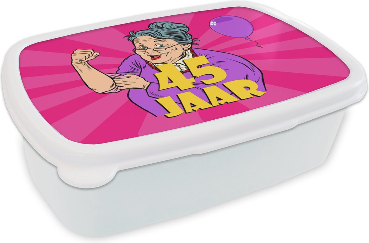 Broodtrommel Wit - Lunchbox - Brooddoos - Vrouw - Verjaardag - 45 Jaar - 18x12x6 cm - Volwassenen