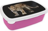 Broodtrommel Roze - Lunchbox - Brooddoos - Luipaard - Wild - Zwart - 18x12x6 cm - Kinderen - Meisje
