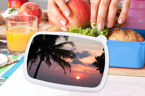 Lunch box Blauw - Lunch box - Boîte à pain - Tropical - Palmier - Soleil - 18x12x6 cm - Enfants - Garçon