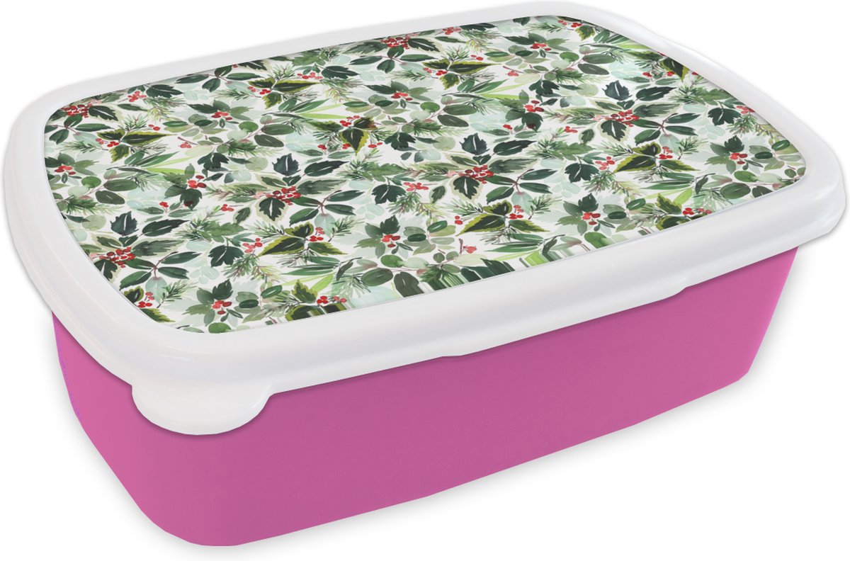 Broodtrommel Roze - Lunchbox - Brooddoos - Waterverf - Groen - Kerst - 18x12x6 cm - Kinderen - Meisje