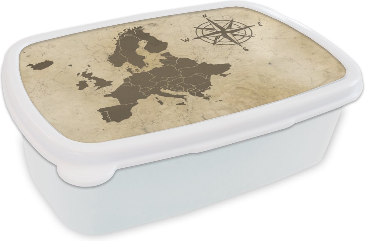 Broodtrommel Wit - Lunchbox - Brooddoos - Kaart - Europa - Kompas - 18x12x6 cm - Volwassenen
