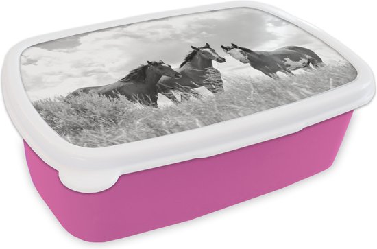 Broodtrommel Roze - Lunchbox - Brooddoos - Drie mustang paarden kijken in de camera - zwart wit - 18x12x6 cm - Kinderen - Meisje