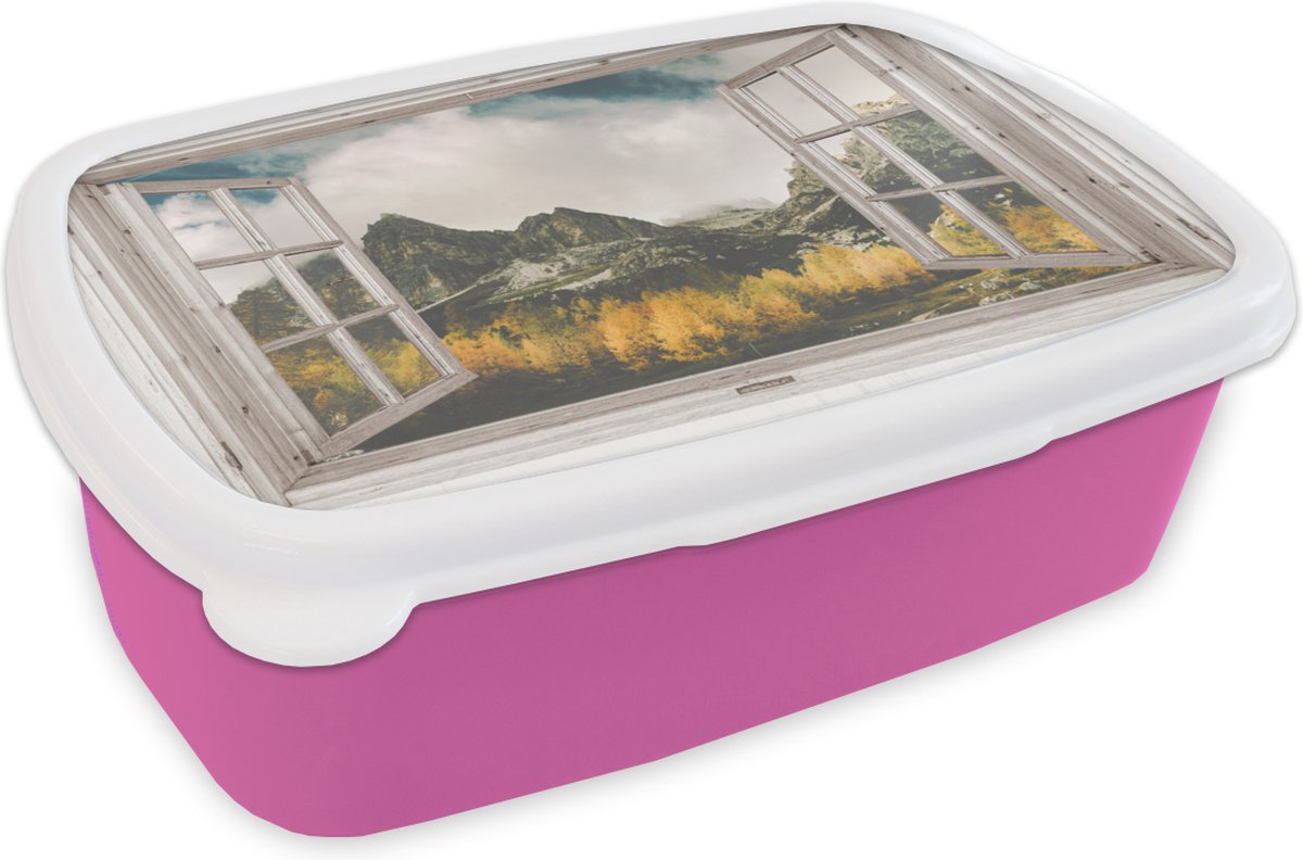 Broodtrommel Roze - Lunchbox - Brooddoos - Doorkijk - Berg - Herfst - 18x12x6 cm - Kinderen - Meisje