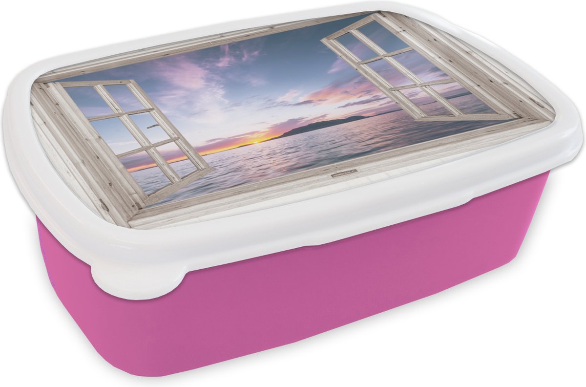 Broodtrommel Roze - Lunchbox - Brooddoos - Doorkijk - Zee - Eiland - 18x12x6 cm - Kinderen - Meisje