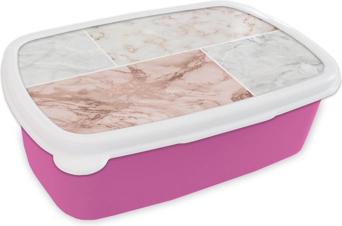 Broodtrommel Roze - Lunchbox - Brooddoos - Marmer - Rosé - Luxe - 18x12x6 cm - Kinderen - Meisje