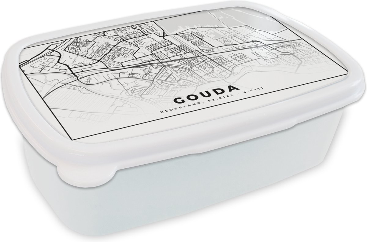 Broodtrommel Wit - Lunchbox - Brooddoos - Kaart - Gouda - Nederland - 18x12x6 cm - Volwassenen
