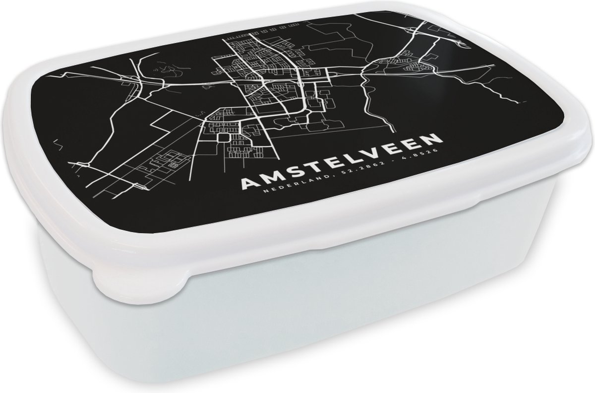 Broodtrommel Wit - Lunchbox - Brooddoos - Kaart - Amstelveen - Zwart - 18x12x6 cm - Volwassenen