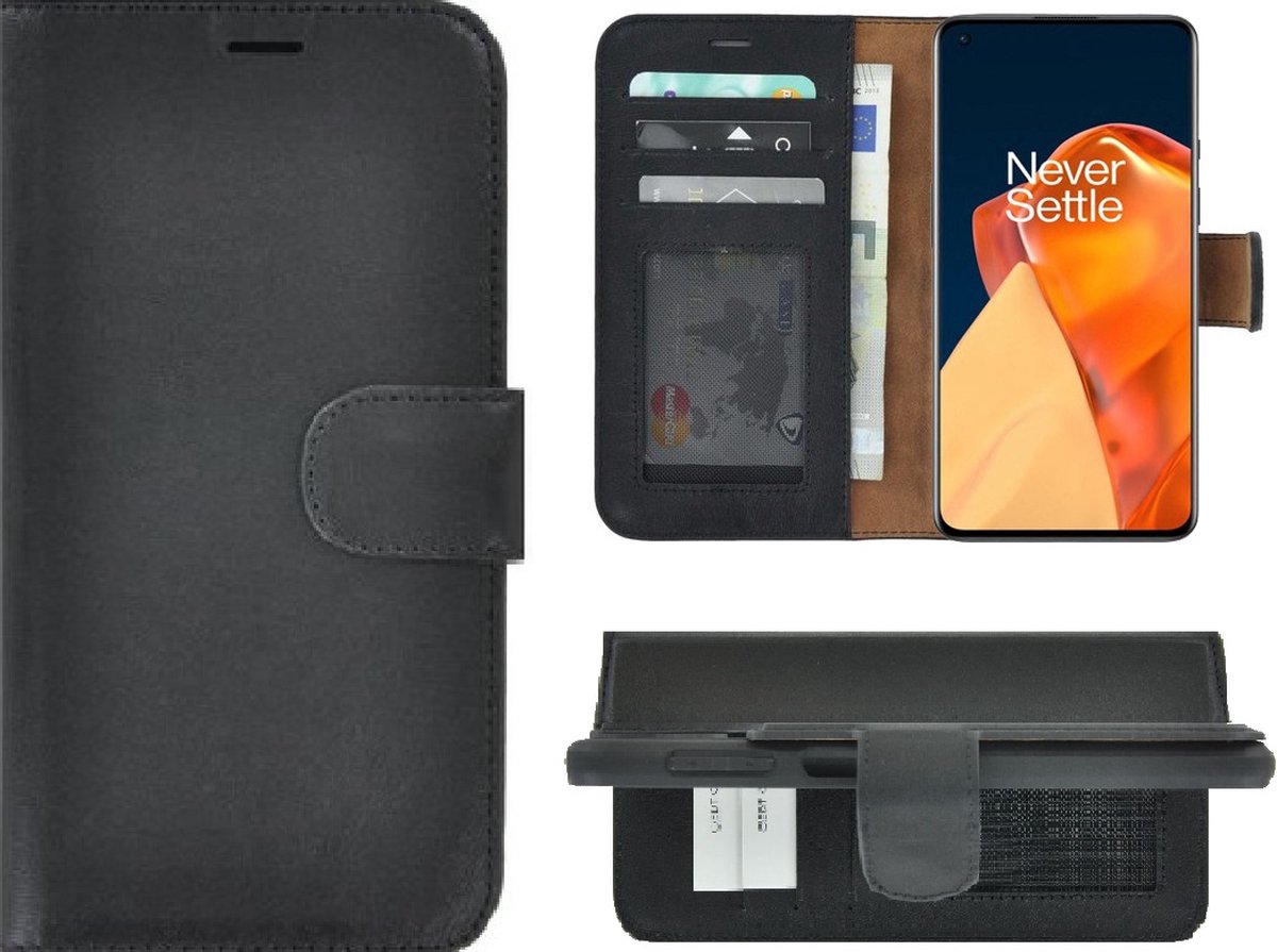 Geschikt voor OnePlus 9 Hoesje - Bookcase - Portemonnee Hoes Echt leer Wallet case Zwart
