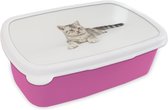 Broodtrommel Roze - Lunchbox Kitten - Wit - Tong - Meisjes - Kinderen - Jongens - Kindje - Brooddoos 18x12x6 cm - Brood lunch box - Broodtrommels voor kinderen en volwassenen