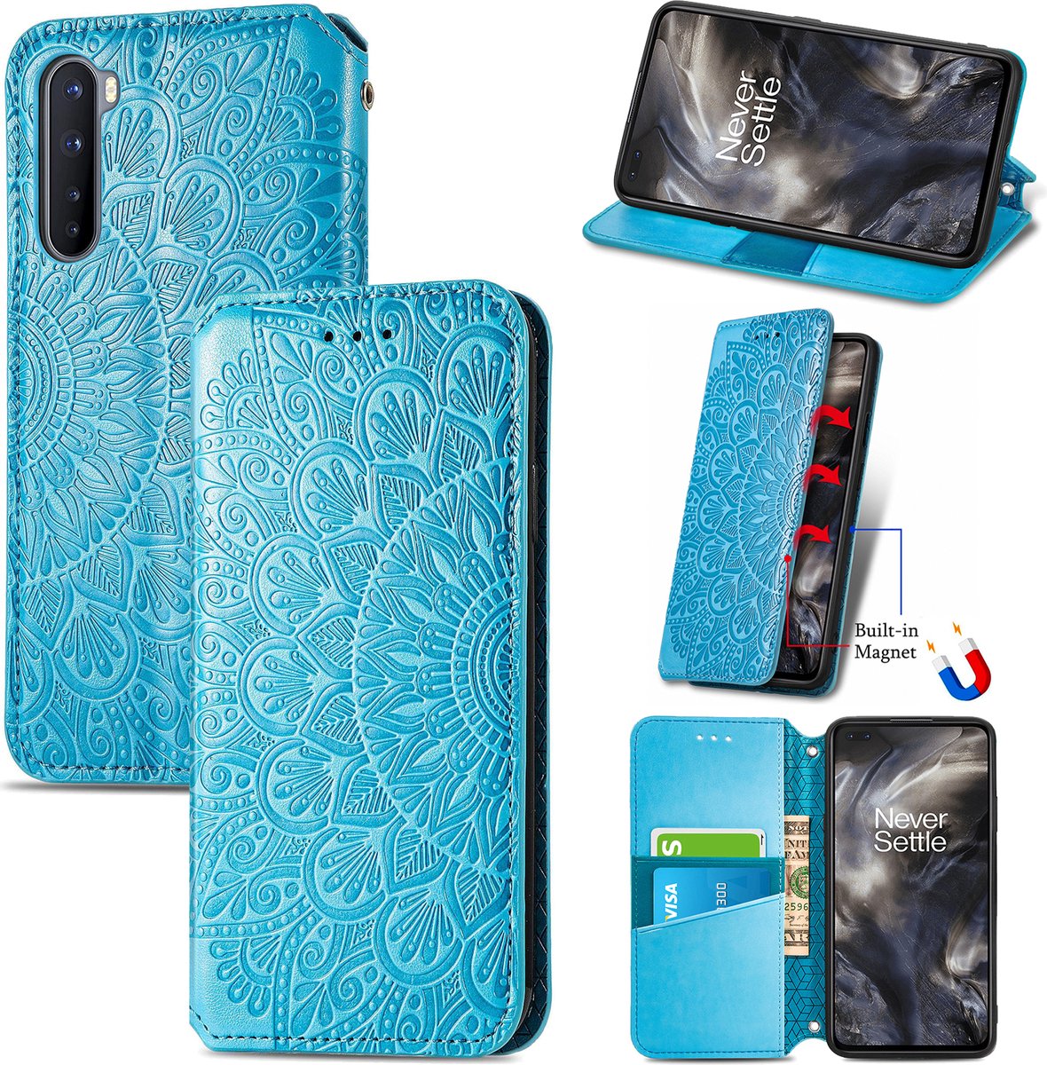 Luxe PU Lederen Blooming Mandala Reliëfpatroon Wallet Case + Glas Screenprotector voor OnePlus Nord 5G _ Blauw
